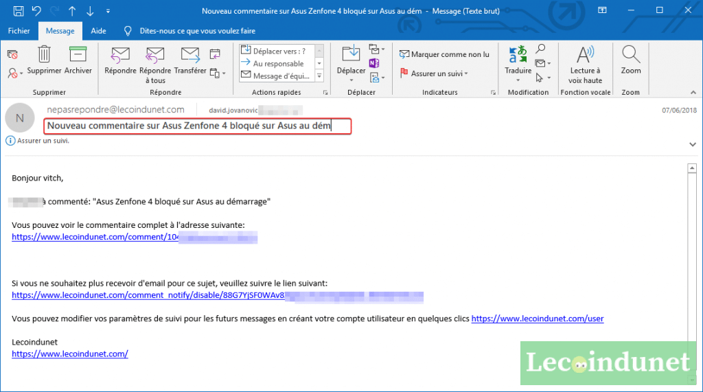 Modifier l'objet d'un mail reçu dans Outlook