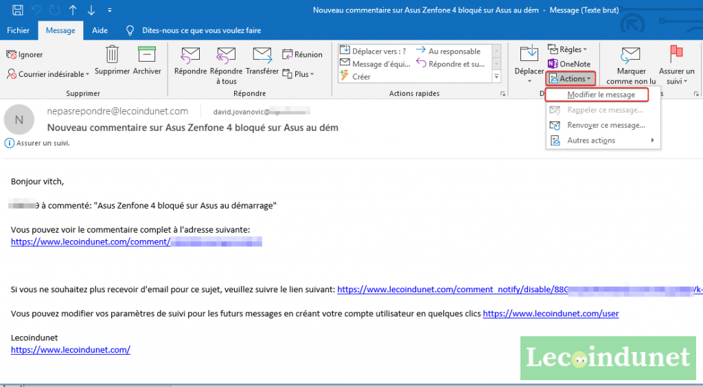 Modifier le texte mail reçu dans Outlook
