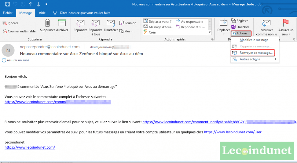 Renvoyer et modifier un mail reçu avec Outlook