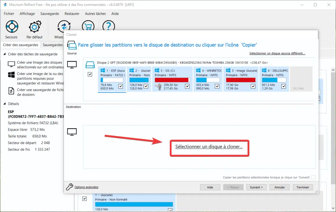 Sélectionner le disque SSD à cloner