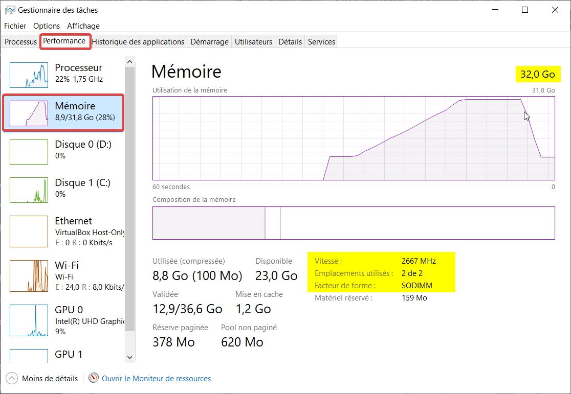 Caractéristiques de la RAM depuis gestionnaire des tâches Windows
