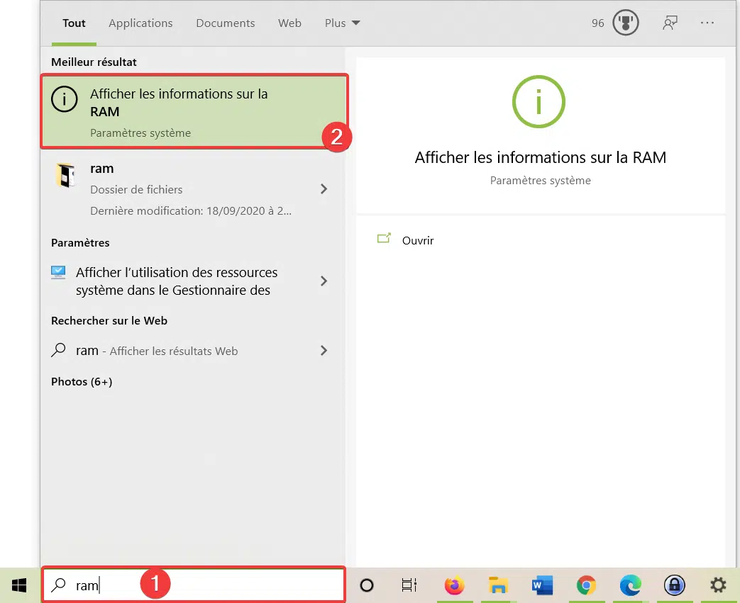 option "Afficher les informations sur la RAM" dans le menu démarrer Windows