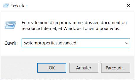 systempropertiesadvanced fenêtre exécuter