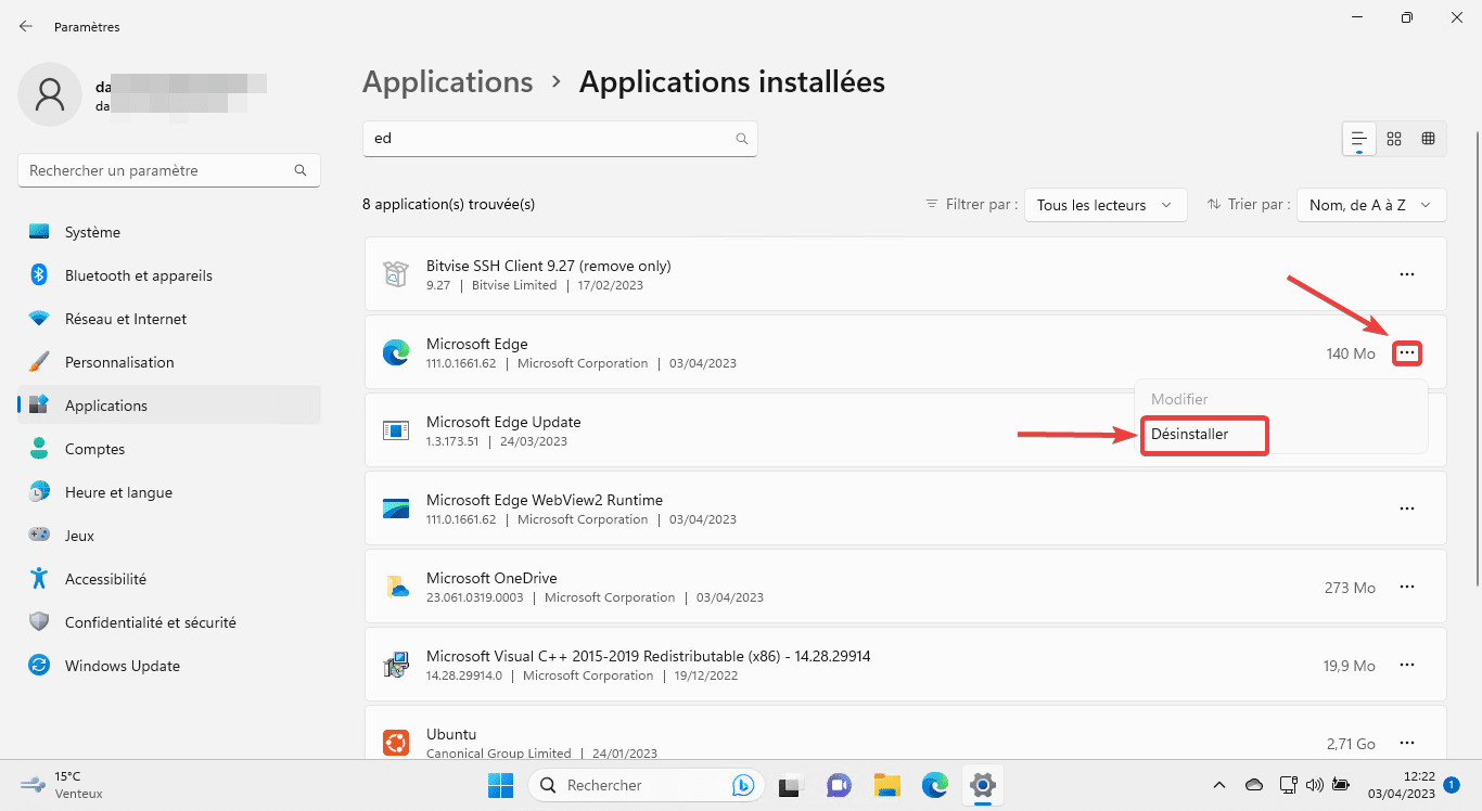 Désinstaller Edge