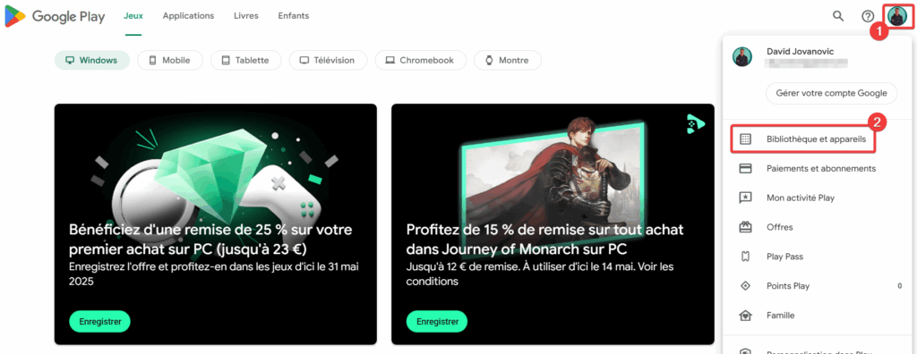 Google Play Menu Bibliothèque et appareil