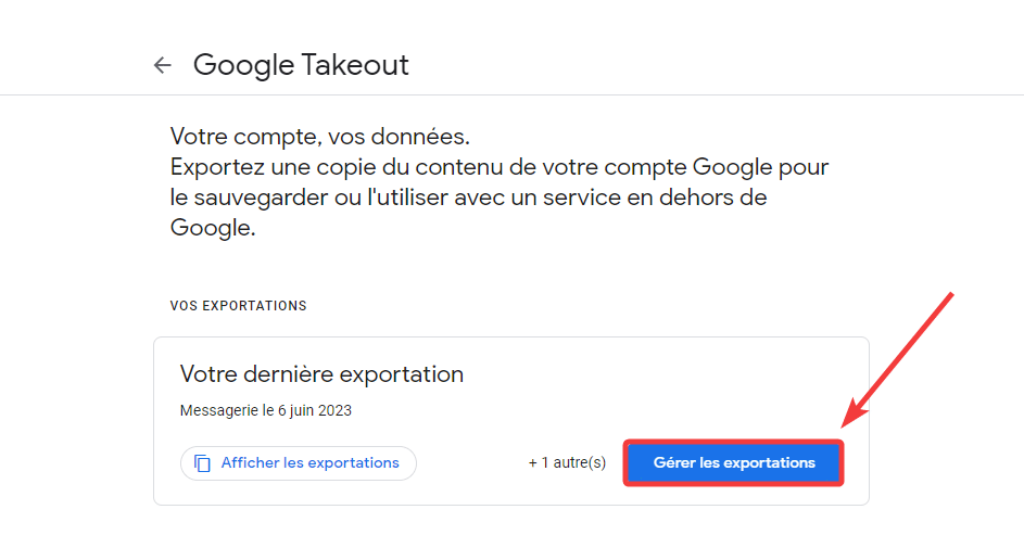 Télécharger export Gmail depuis gérer les exportations de Google Takeout