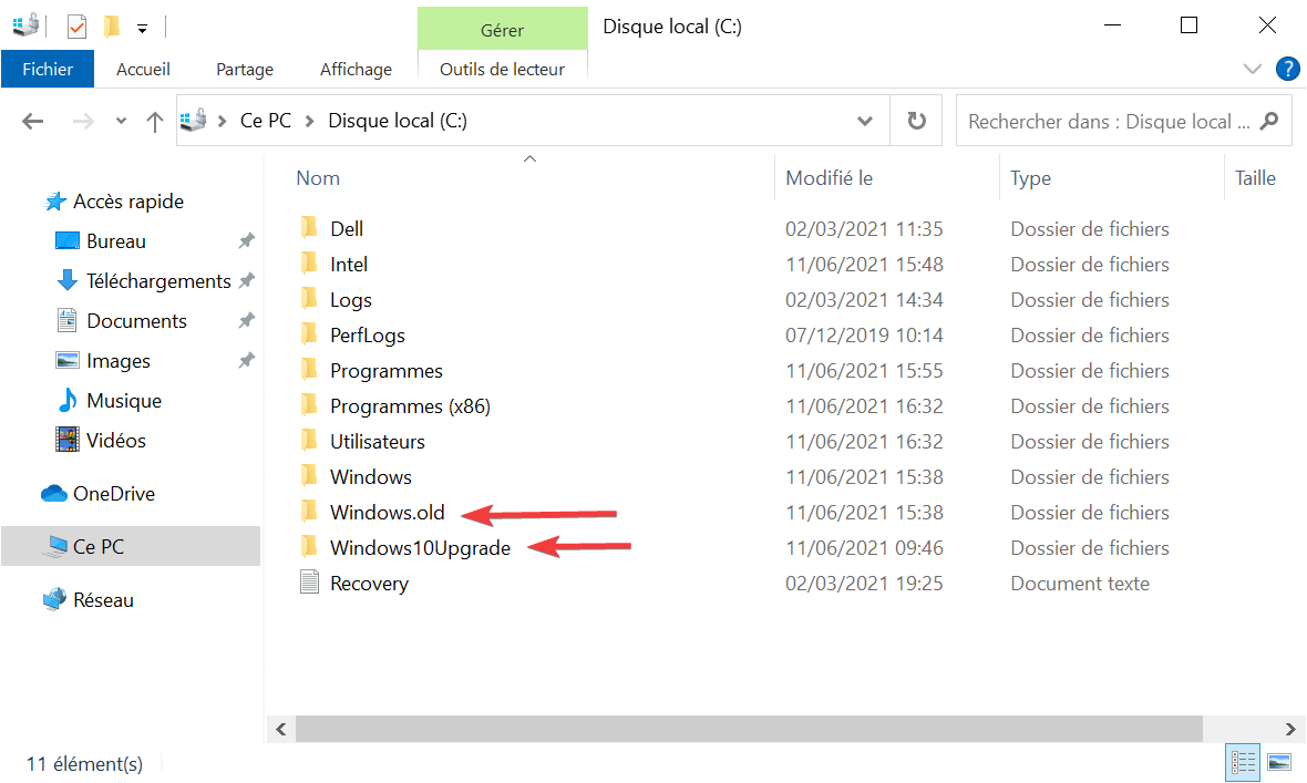 Dossiers Windows.old et Windows10Upgrade