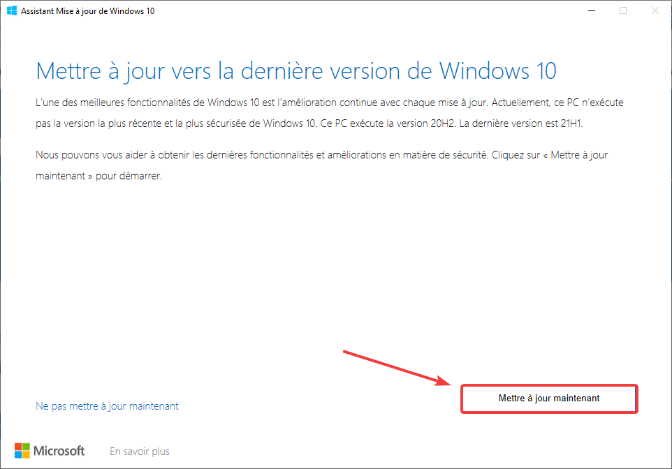 Mise à jour avec l'assistant de mise à jour Windows 10
