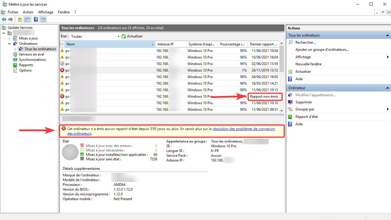 Ordinateurs avec un rapport d'état non émis sur WSUS