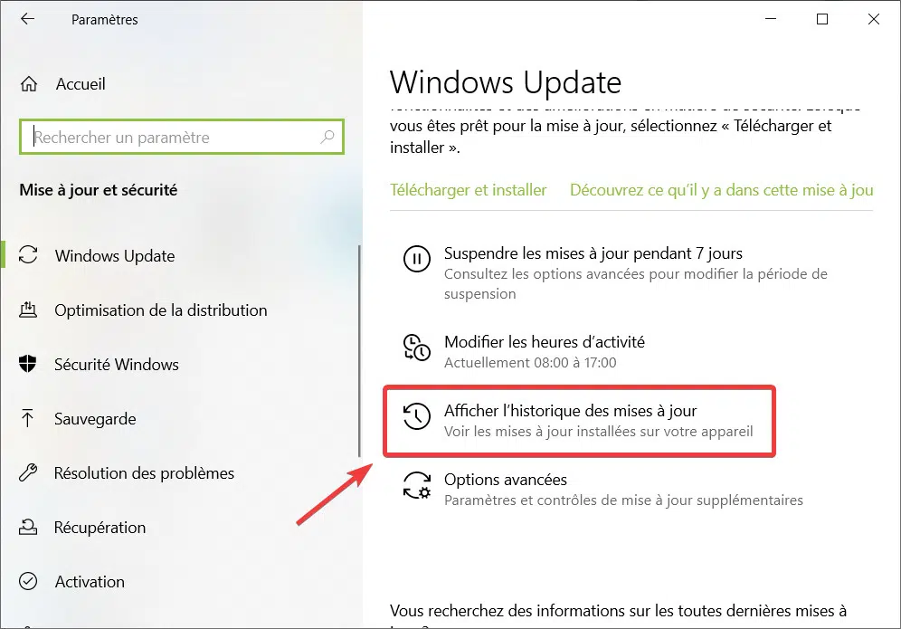 Hitorique des mises à jour Windows Update