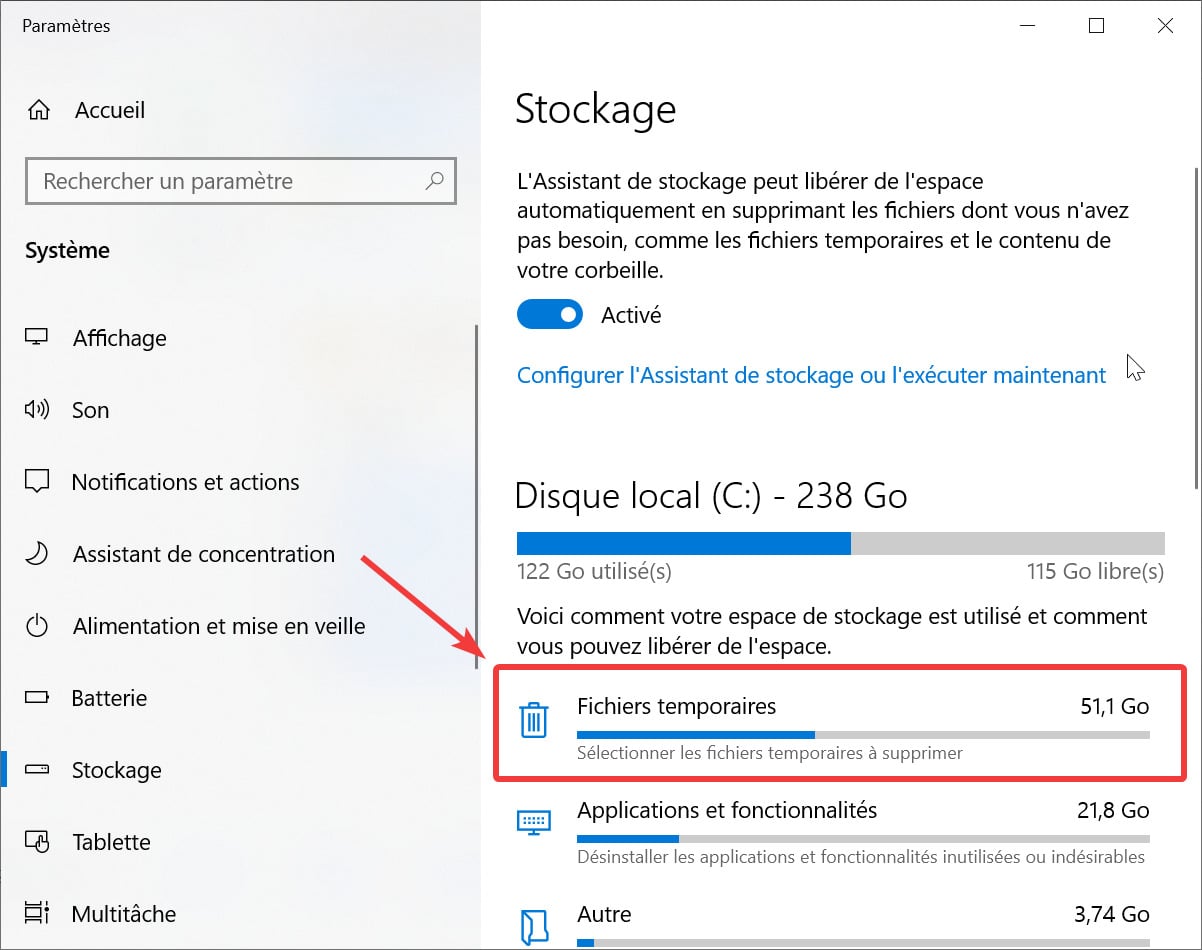 Windows 10 - Stockage - Fichiers temporaires