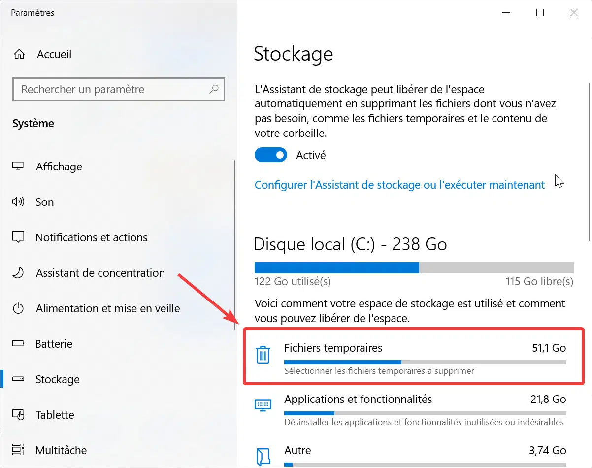 Windows 10 - Stockage - Fichiers temporaires