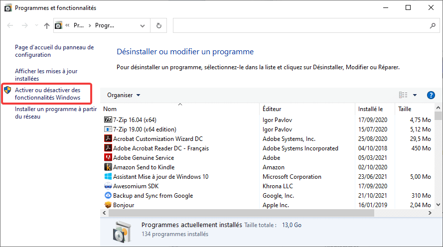 Accéder à Activer ou désactiver des fonctionnalités Windows depuis windows 10