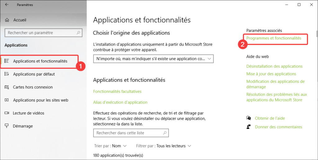 Accéder à Programmes et fonctionnalités avec Windows 10