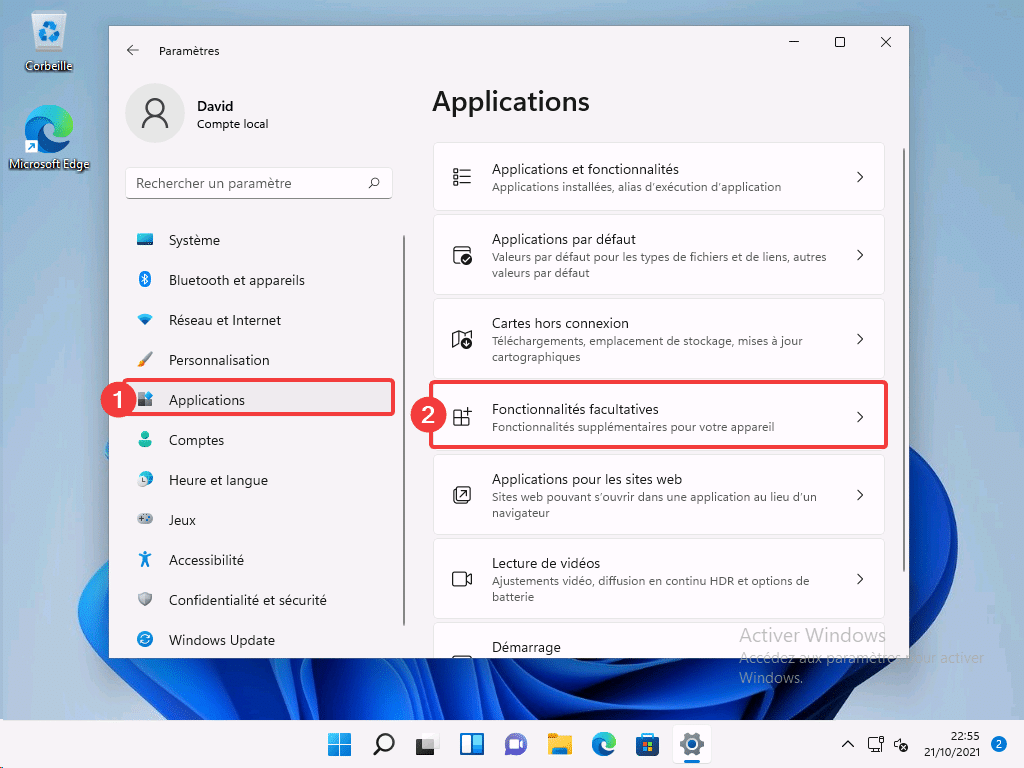 Accès à Applications - Fonctionnalités facultatives de Windows 11