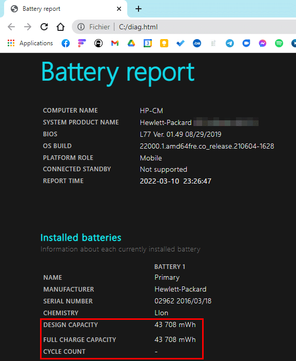 Rapport HTML sur la batterie