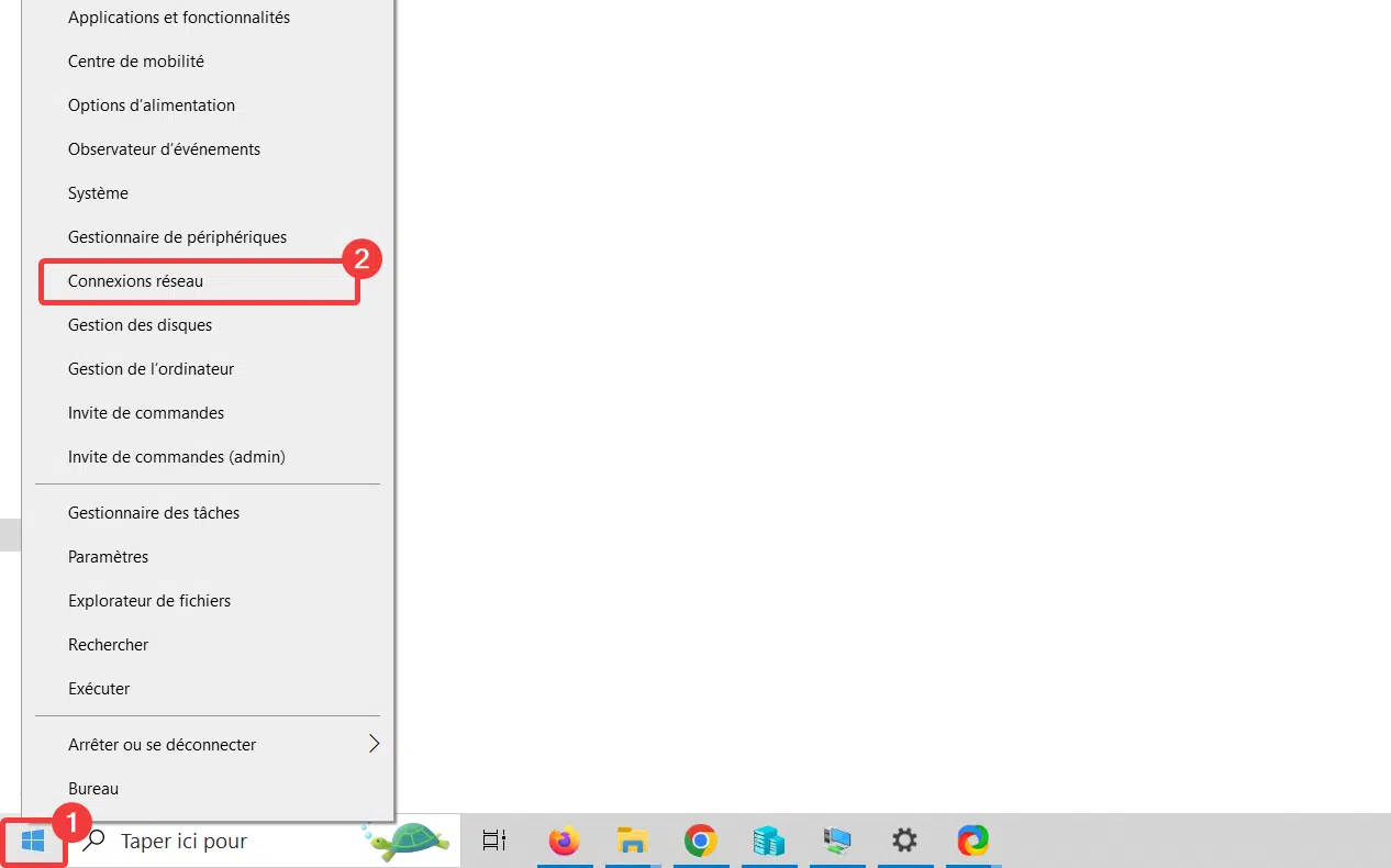 Accéder aux Connexions réseau depuis menu démarrer Windows 10