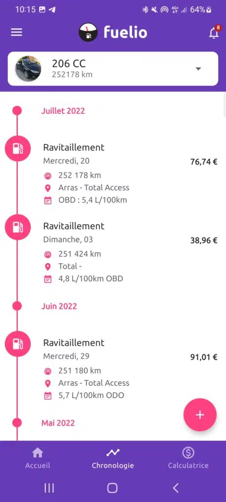 Historiques des dépenses et des pleins de carburant.