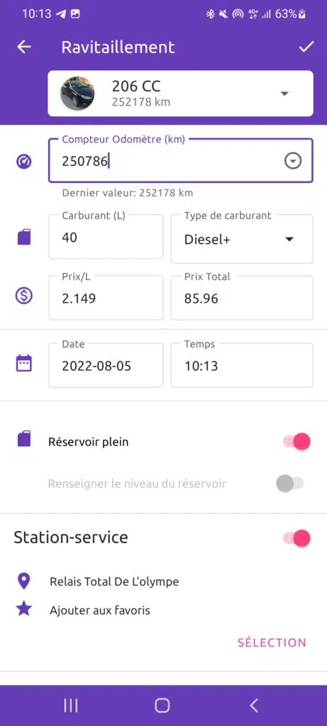 Enregistrer un plein de carburant avec Fuelio.