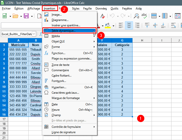 Créer tableau croisé dynamique dans LibreOffice Calc depuis le menu