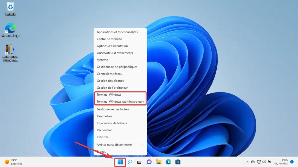 Ouvrir le terminal Windows avec un clic droit sur le menu Démarrer