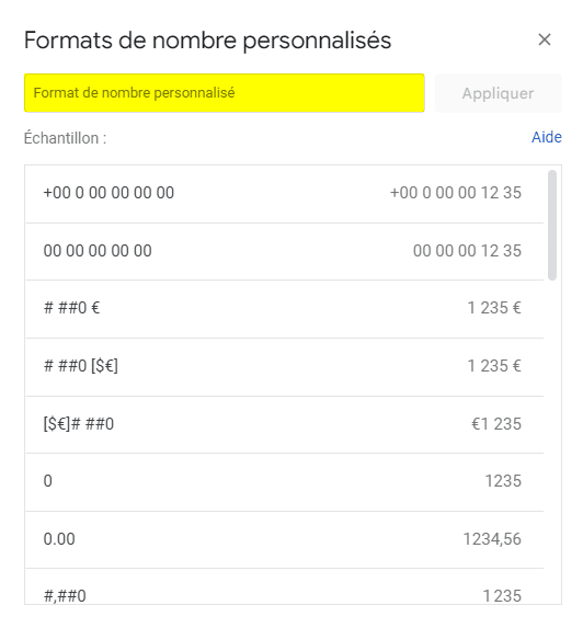 Liste de formats personnalisés numéros de téléphone