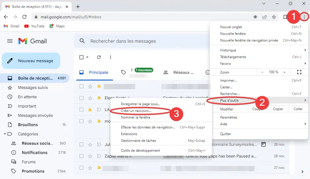 Gmail : Menu Plus d'outils - Créer un raccourci