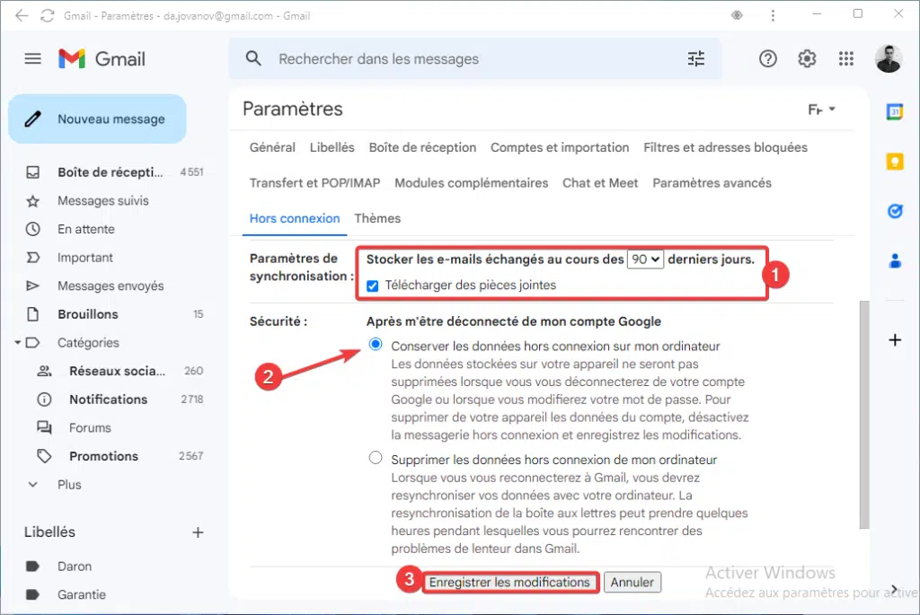 Paramètres mode hors connexion Gmail
