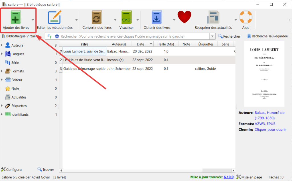 Convertir un EPUB, PDF, MOBI,, avec Calibre