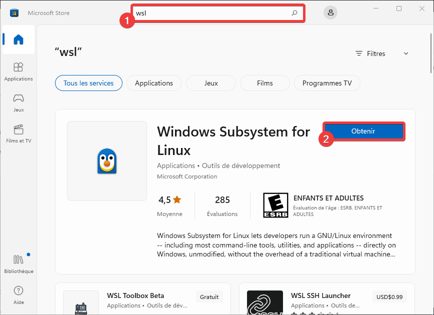 Installer WSL2 depuis le Microsoft Store