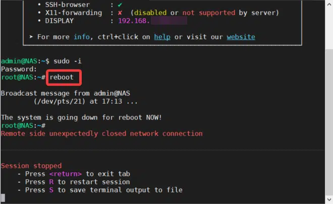 Redémarrer un NAS Synology en SSH