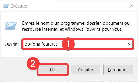 Ouvrir Optionnalfeatures depuis fenêtre Exécuter