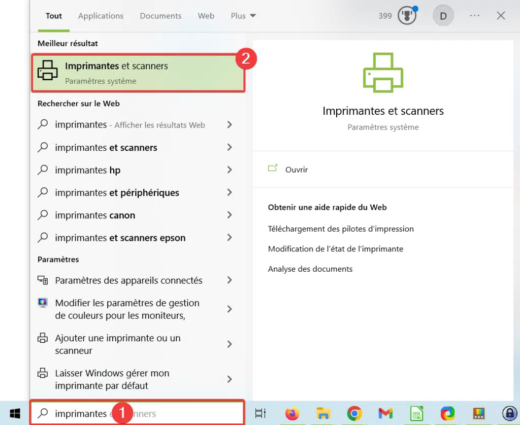 Ouvrir imprimantes et scanner depuis le menu démarrer