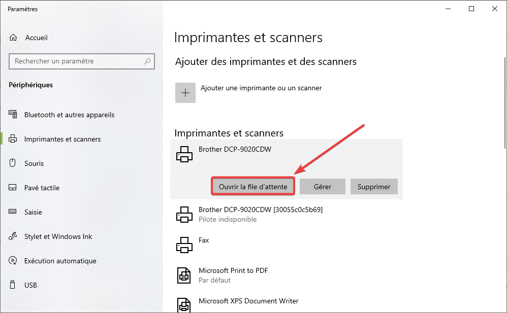 Ouvrir la file d'attente de l'imprimante sur Windows