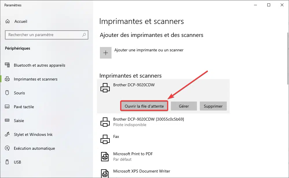 Ouvrir la file d'attente de l'imprimante sur Windows