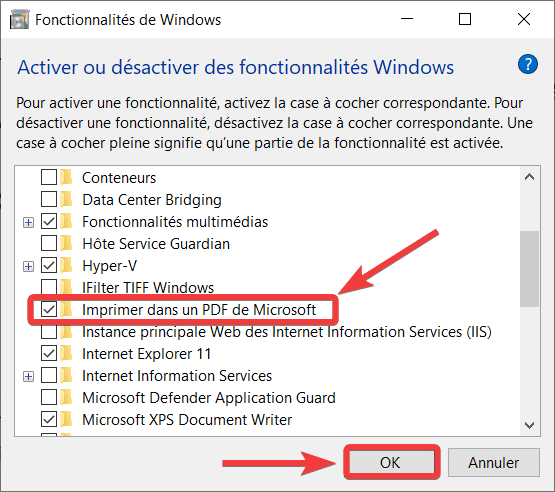 Résintaller Microsoft Print to PDF depuis les fonctionnalités Windows