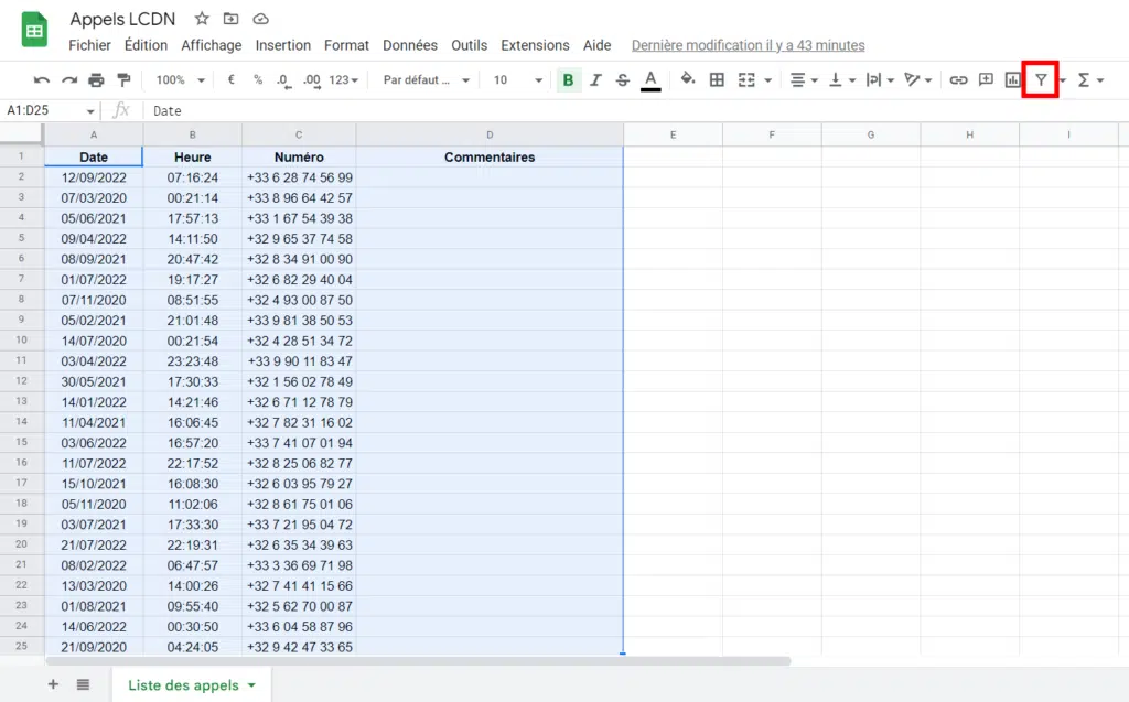 Filtrer par plage de dates sur Google Sheets