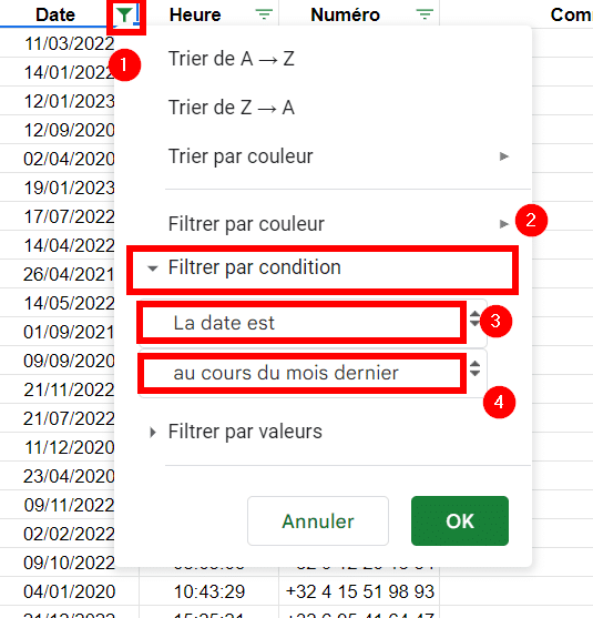 Filtrer par plage de dates sur Google Sheets