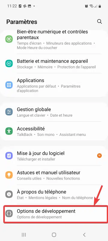 Options de développement sur Android