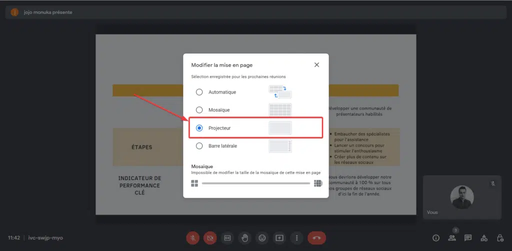 Zoomer avec la mise en page projecteur sur Google Meet