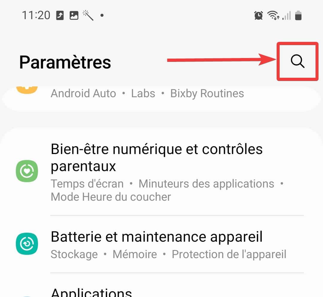 Activer la recherche dans les paramètres Android