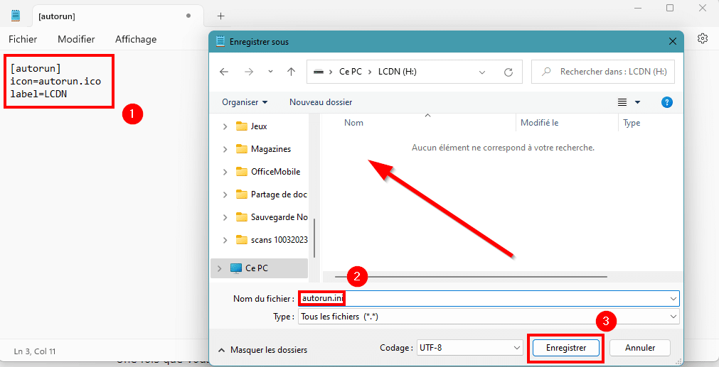 Enregistrement autorun icône clé USB