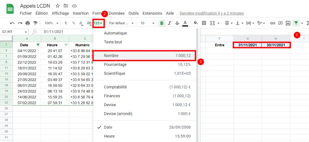 Filtrer par plage de dates sur Google Sheets