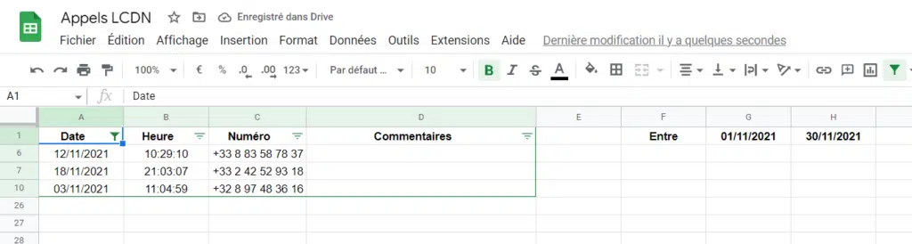 Filtrer par plage de dates sur Google Sheets