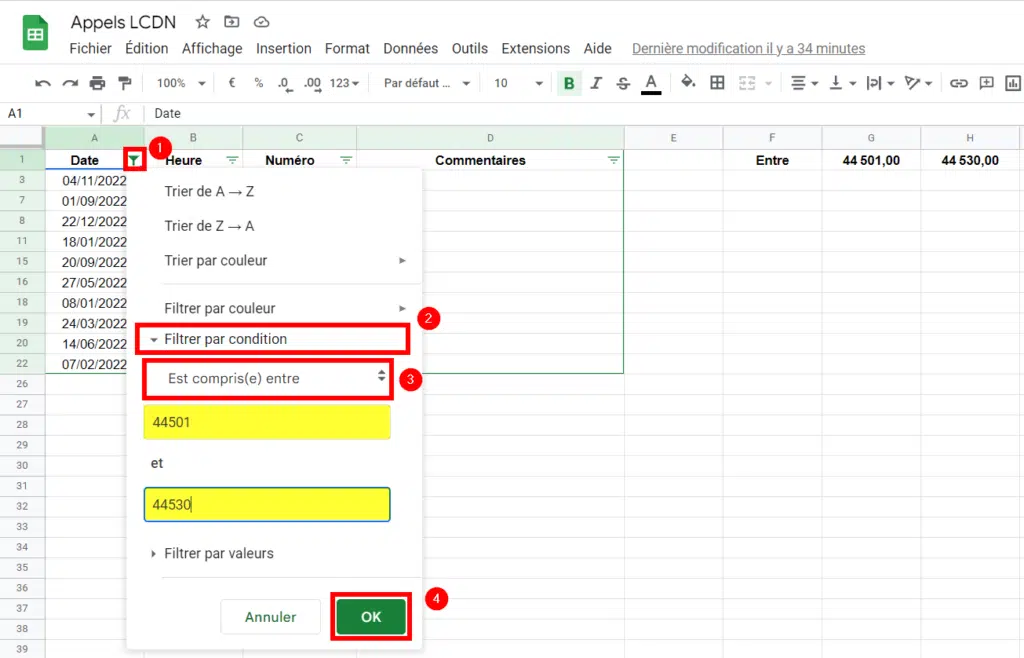 Filtrer par plage de dates sur Google Sheets