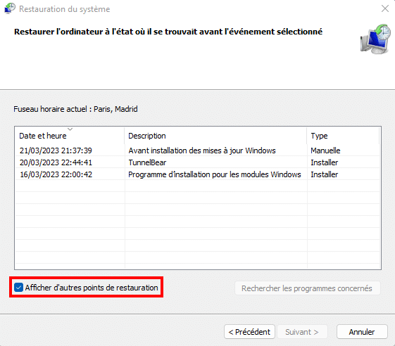 Liste point de restauration windows