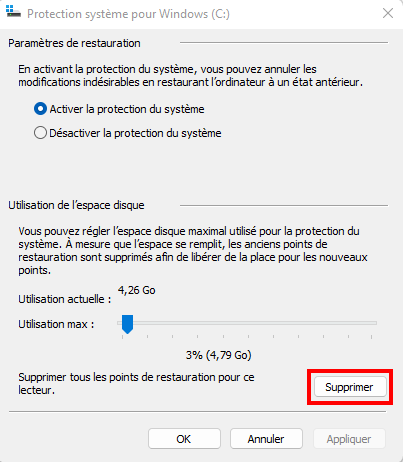 Supprimer point de restauration windows