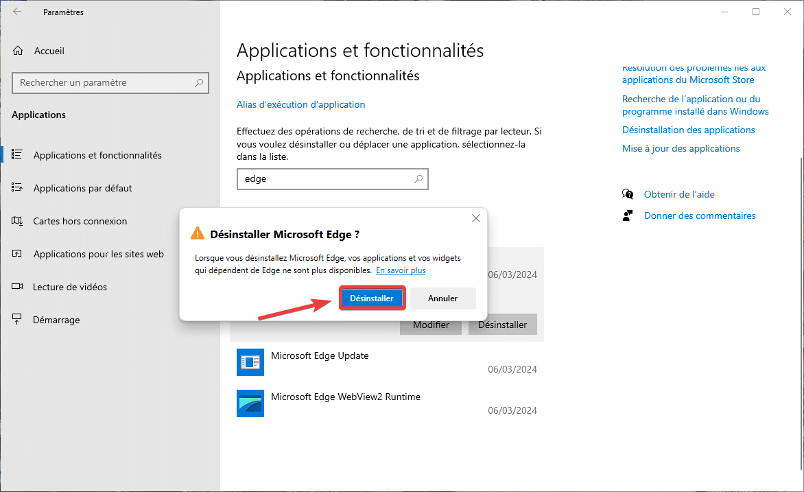 Confirmer désinstallation Edge