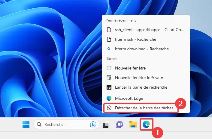 Détacher Edge barre des tâches