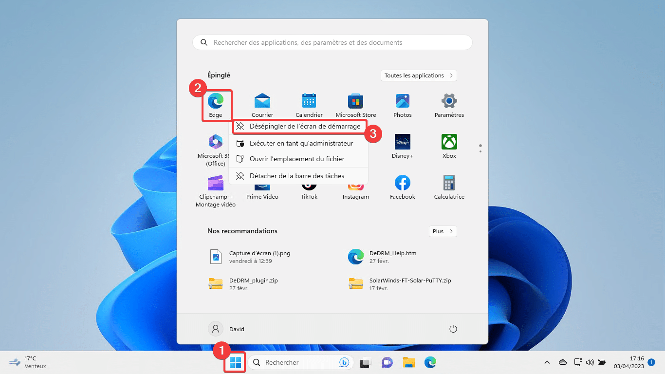Détacher Edge menu démarrer